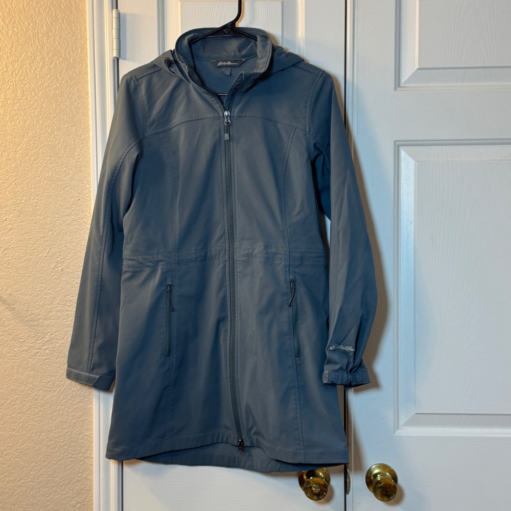 Eddie Bauer Soft shell Jacket Women's Small Blue Hooded Parka Rain Trench Coat